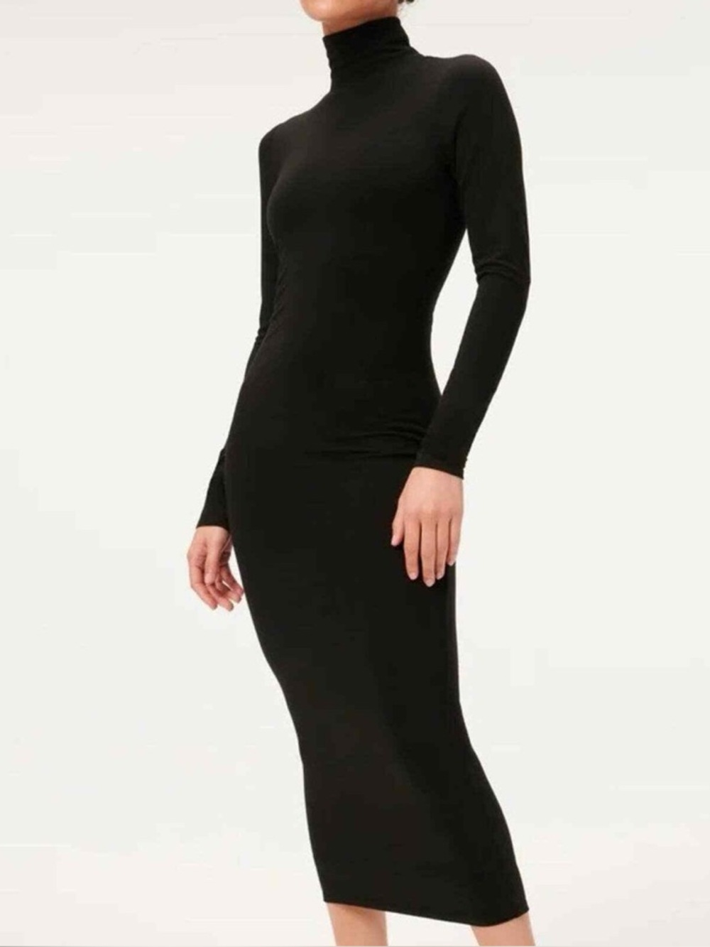 Good American Sundown Bodycon Dress Black Mock Neck Midi Long Sleeve XS 0